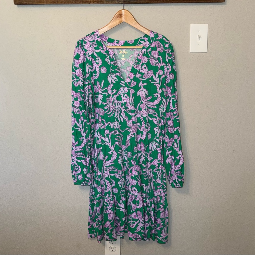 Lilly Pulitzer Alyssa A-Line Long Sleeve Dress in Brazilian Green Salty Sandbar - Picture 7 of 16